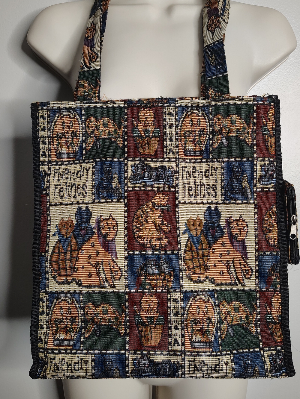 Vintage Tapestry Shoulder Bag Friendly Felines Cat Print Zip Top Straps